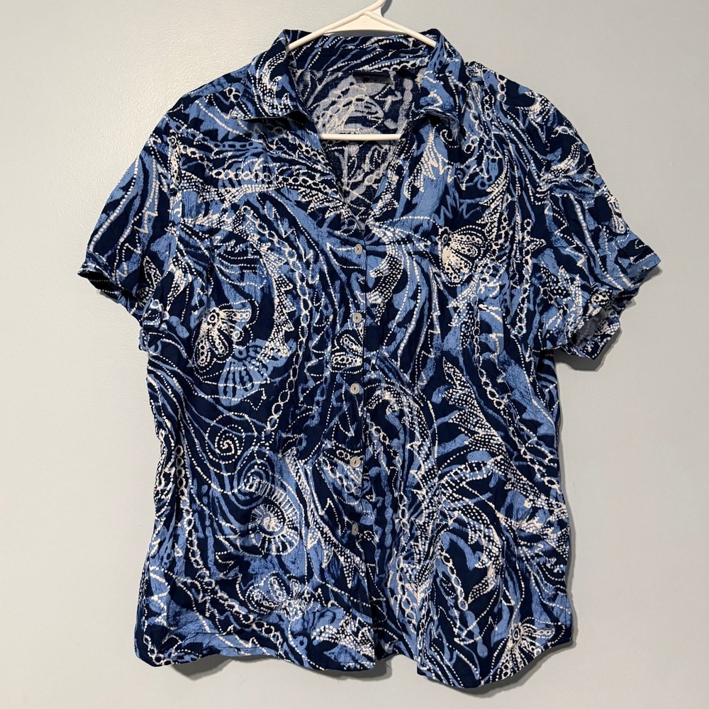 Gloria Vanderbilt XL Casuals Blue White Abstract Batik Print Button Down Shirt